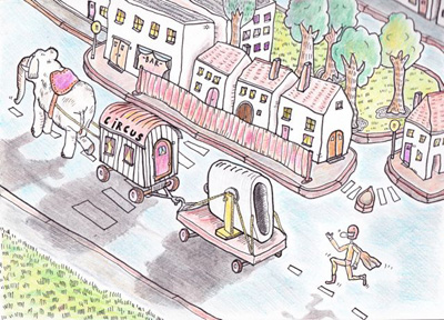 Superfart circuswagen in dorp